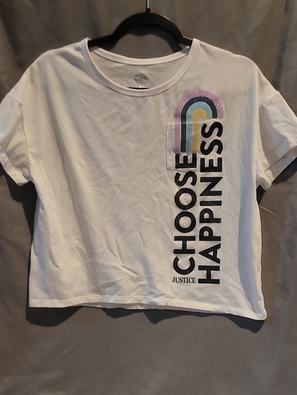 Justice White Tee with Pastel Rainbow "Choose Happiness"